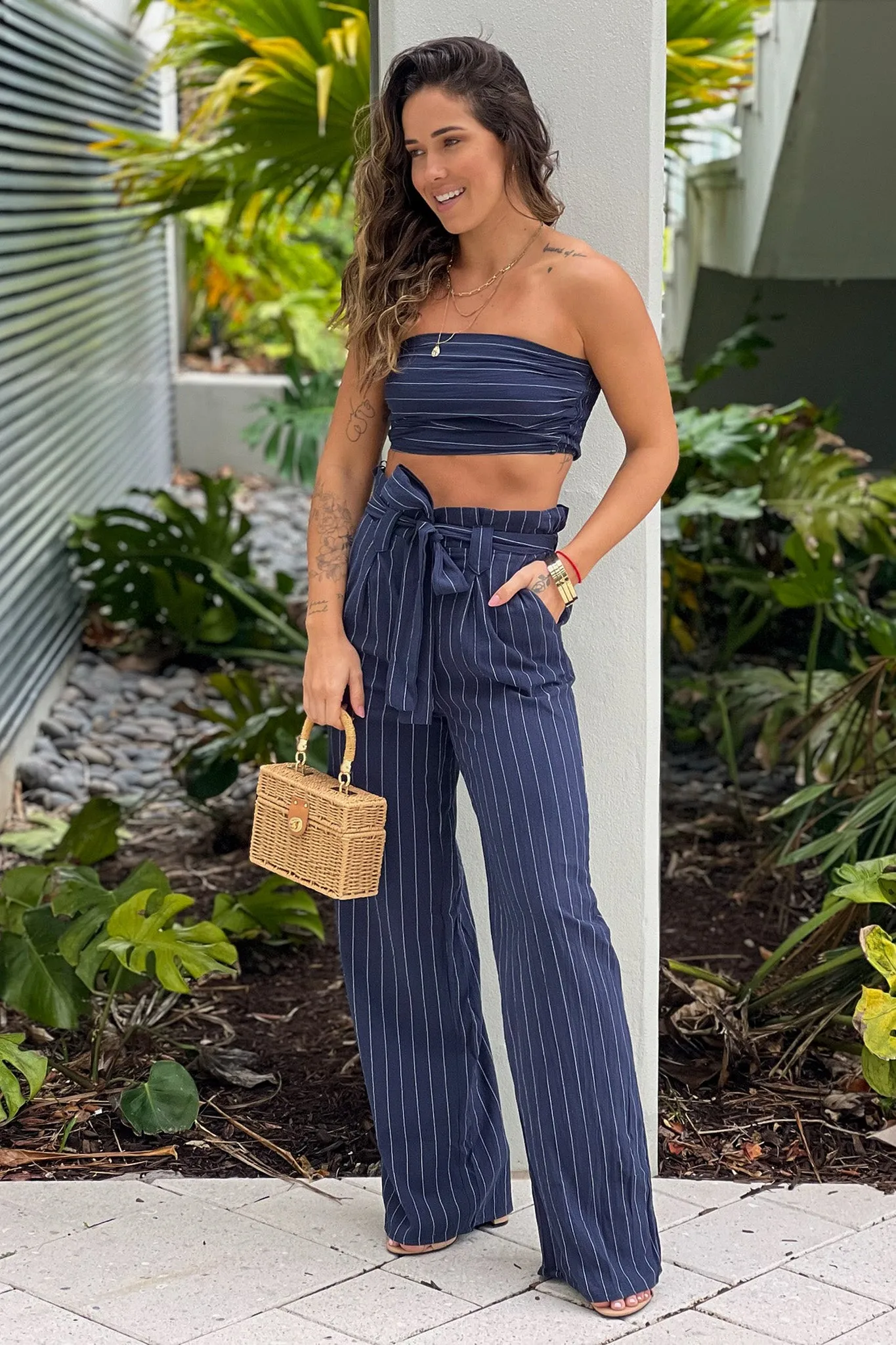 Navy Striped Smocked Top And Pants Set