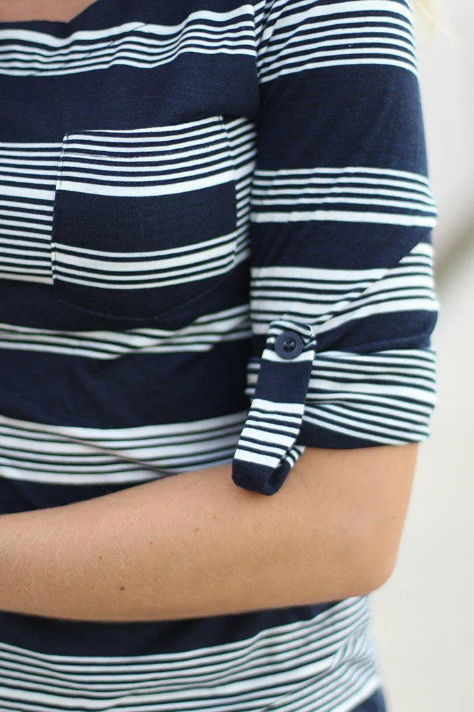 Navy Striped Top With Pocket