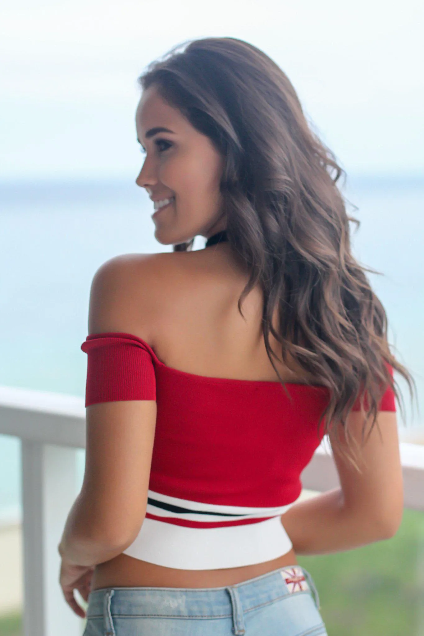 Red Striped Off Shoulder Crop Top