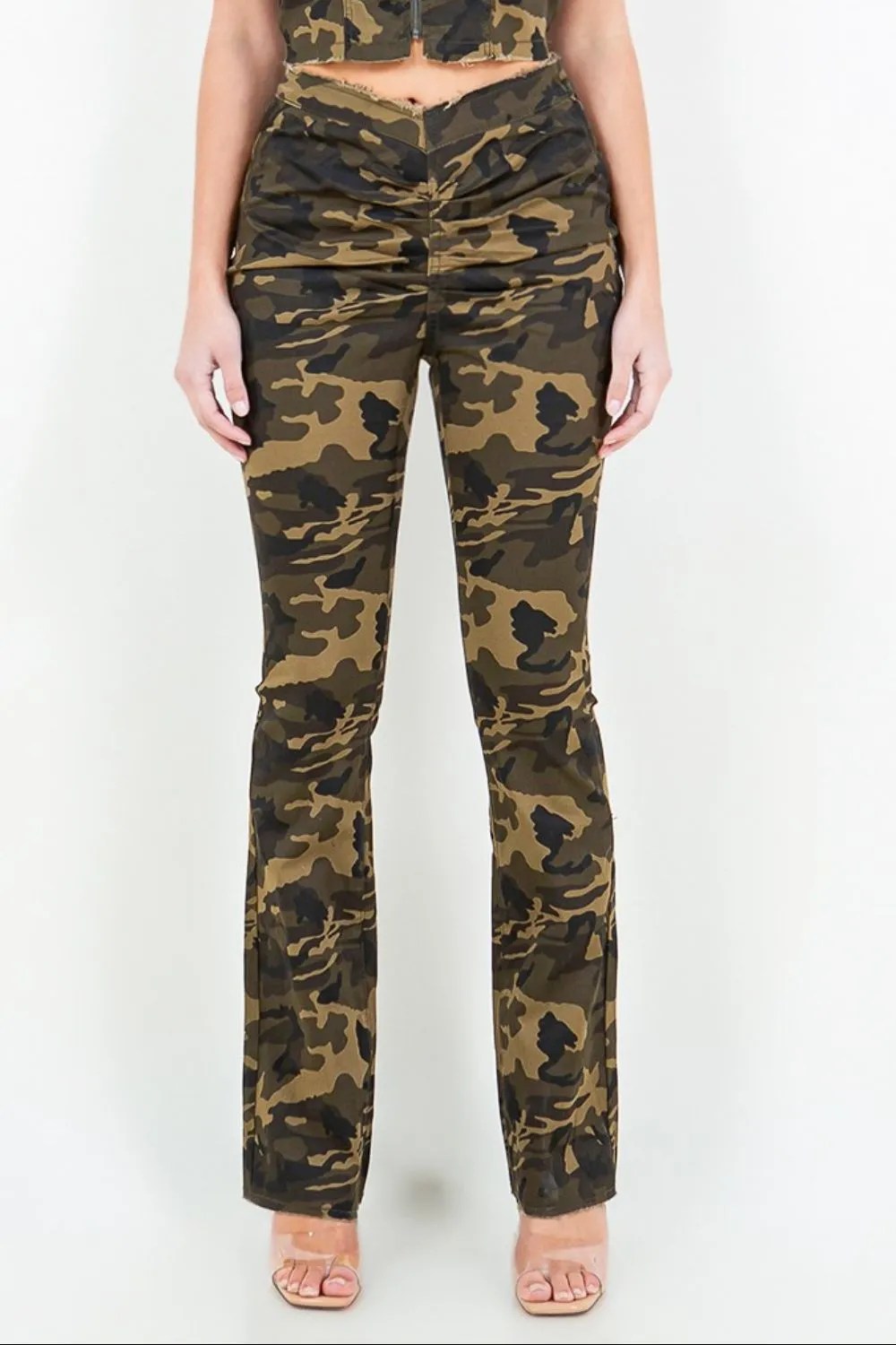 V-Cut Ruched Camo Flare Pants