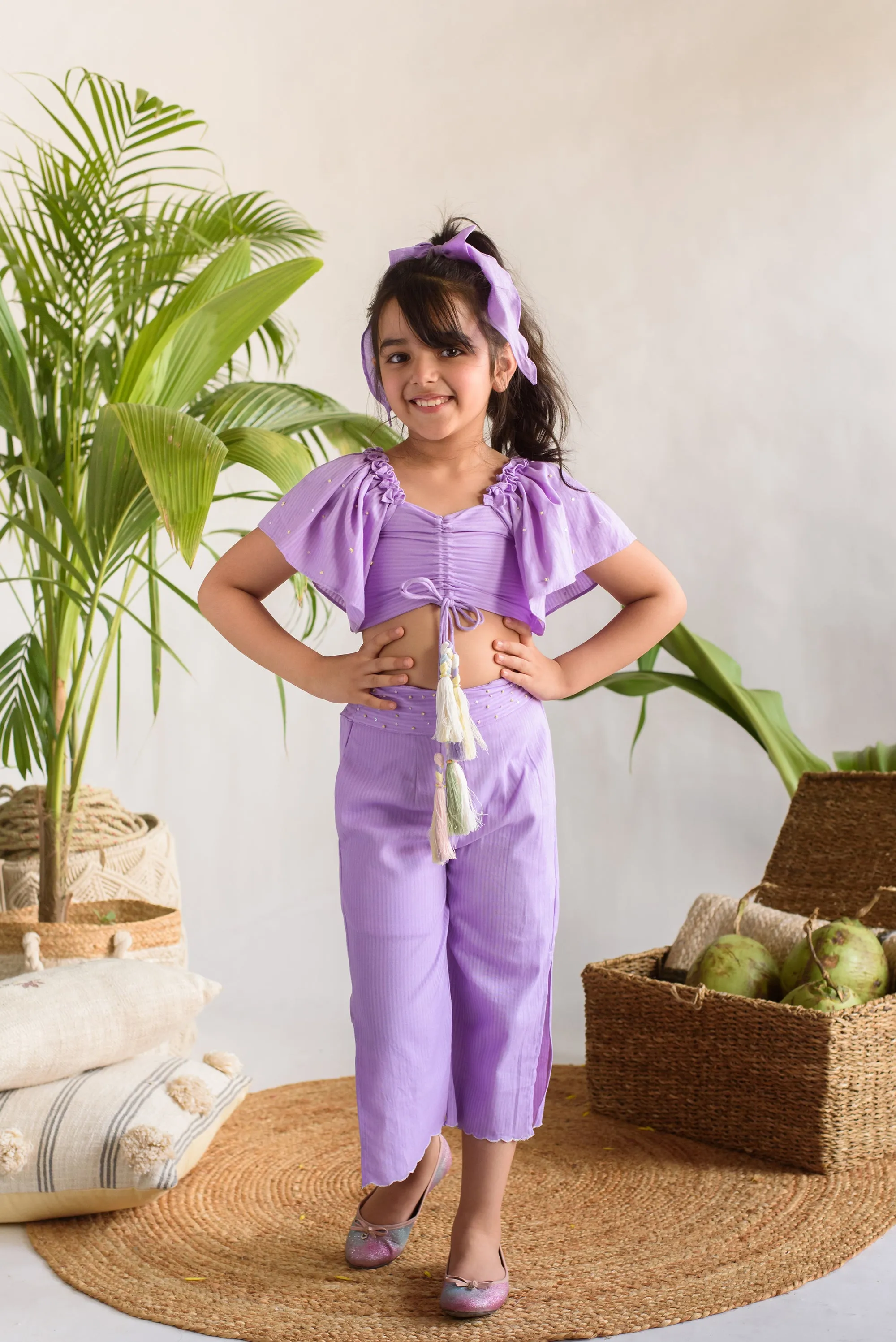 Vitrail Plum- Organic Cotton Wide Leg Pants With Ruched Crop Top For Girls