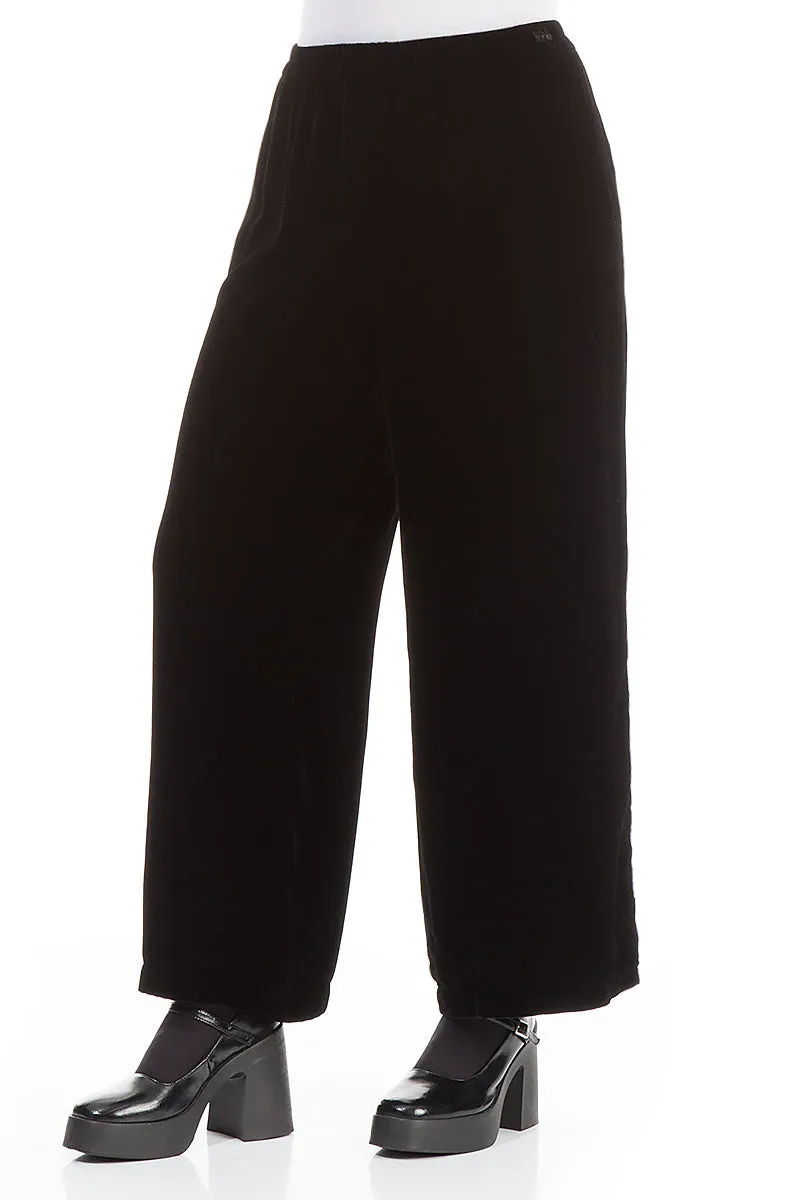 Wide Straight Black Silk Velvet Trousers