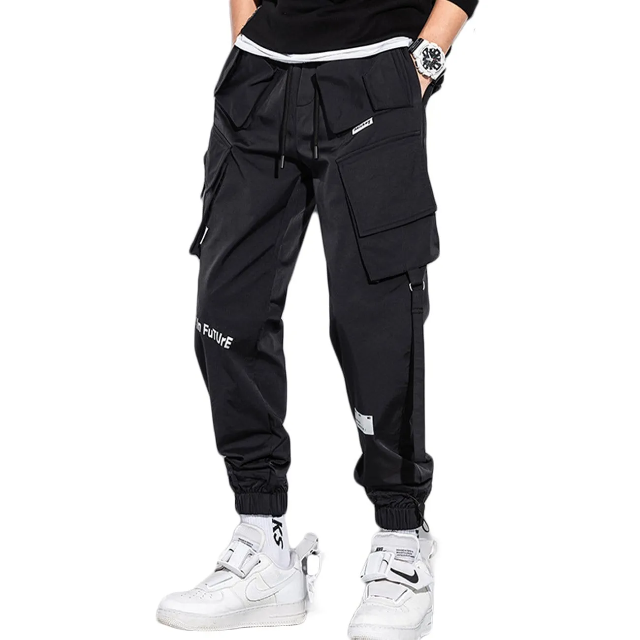 WLS Reflective Side Pockets Ribbons Fleece Cargo Pants